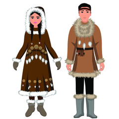 Woman and man in folk national Chukotka costumes. Vector illustration