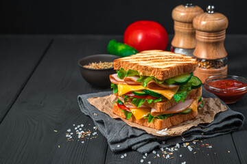 Double sandwich with grilled toast, ham, vegetables and cheese on a dark background with a copy space. Fast food.