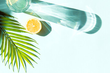 Cool summer drinks - lemonade or soda in glass on blue color background with palm tree leaf shadows