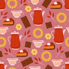 Autumn seamless pattern with teapot, cup, cookie, chocolate, leaves, cake