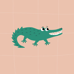 Funny green crocodile on a pink background. Isolated adorable  alligator. Cute animals in flat style. Baby character hand drawn vector illustration.