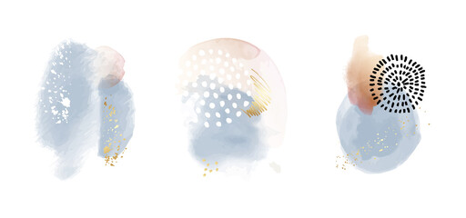 Blue and Peach Abstract Watercolor Compositions. Set of soft color painting wall art for house decoration or invitations. Minimalistic background design. Vector wall art plants in minimalist style.