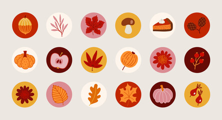 Autumn circle icons with mushroom, apple, leaves, pumpkin, cake, flower
