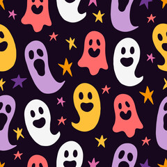 Halloween seamless pattern with colorful ghosts and stars. Vector illustration