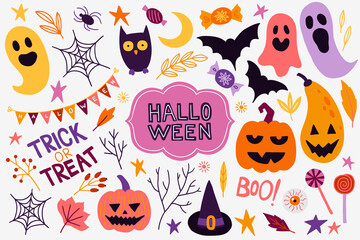 Halloween holiday set - ghost, owl, pumpkin, star, candy, berry, branch