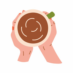 Hand drawn cup of coffee or tea in hands with red nails manicure. Vector illustration.