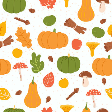Autumn seamless pattern with pumpkin, leaves, mushrooms, clove, cinnamon and apples. Vector illustration.