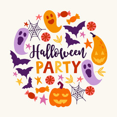 Halloween greeting card with ghost, bat, candy, star, pumpkin, leaves