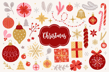 Christmas set - ball, bauble, bell, garland, candy cane, bow, snowflake