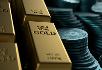 a pile of gold bars and a scattered pile of bitcoins. Placed on table. 3d render