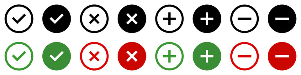 Set of plus, minus, check mark and close buttons. Approved - disapproved, plus, minus. Checkmark OK and red X icons. Vector. - obrazy, fototapety, plakaty