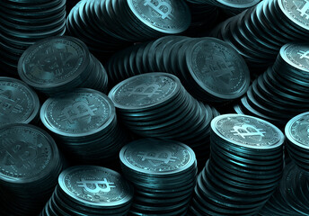 a scattered pile of bitcoins. Placed on table. 3d render