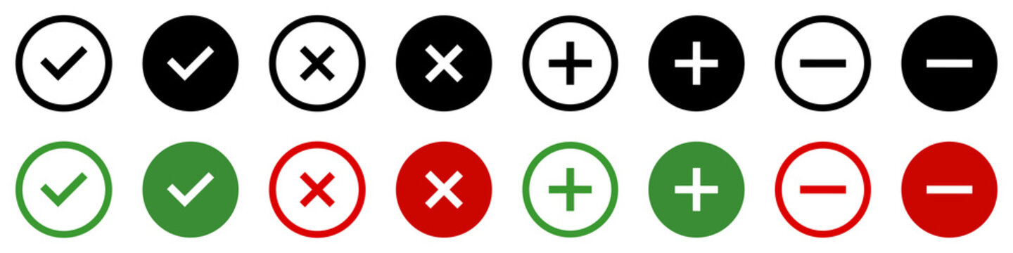 Set of plus, minus, check mark and close buttons. Approved - disapproved, plus, minus. Checkmark OK and red X icons. Vector.