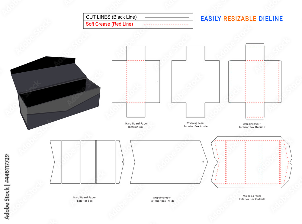 Wall mural collapsible rigid boxes and custom foldable collapsible rigid box and dieline template with 3d vecto