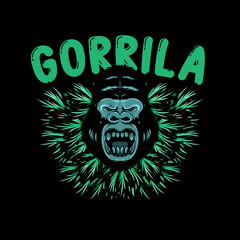illustration of gorilla head with green marijuana leaf and letters for logo and t-shirt