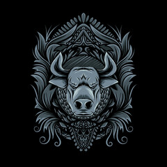 bull head with bandana ornament and illustration on black background