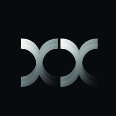 XX monogram logo.Letter x typographic icon.Lettering sign isolated on dark background.Alphabet initials.Modern, design, geometric, minimalist, decorative, tech style.Silver color.