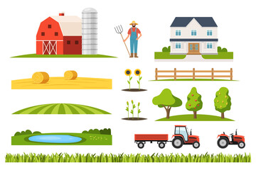 Farm infrastructure constructor set with farmer and tractor. Set of gardener and farmhouse, farmland transport machinery, orchard garden, lake, rural plantation village kit vector illustration - obrazy, fototapety, plakaty