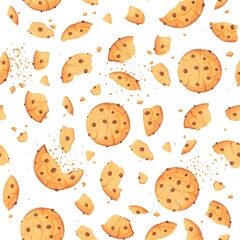 Bitten and broken cookie, whole biscuits seamless pattern. Wallpaper with round homemade choco crunchy chip and cracker crumbs pastry sweet food continuity repeated vector illustration