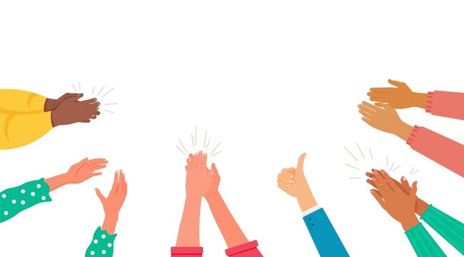 Human hands clapping giving ovation, greetings and support. Congratulation and appreciation excitement multicultural people crowd audience applauding vector illustration on white background