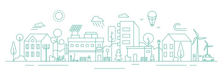 Eco friendly city landscape flat outline graphic sketch. Skyscraper real estate building with solar panel and wind turbine alternative power sources generator silhouette vector illustration © studioworkstock