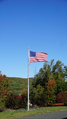 American flag blows in the wind in this autumn scene.