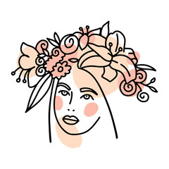 Girl's face with flowers in her hair. A wreath of lilies and roses on the head. Trendy vector line art drawing with a contour with abstract shapes. isolated on a white. elegant logo for beauty salon