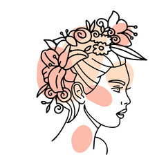 beautiful Woman face with flowers wreath one line drawing. Continuous line drawing art. Flower bouquet in woman head art. Vector line illustration. Nature cosmetics. Minimalist Artwork