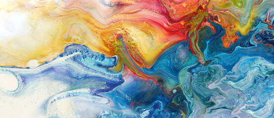 Art Abstract flow acrylic and watercolor marble blot painting. Color wave horizontal long texture...