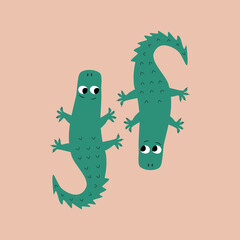 Adorable green alligators with funny eyes. Isolated crocodiles on a pink background. Cute monster. Baby character hand drawn vector illustration.