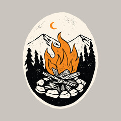 Camp fire and beauty nature graphic illustration vector art t-shirt design - obrazy, fototapety, plakaty
