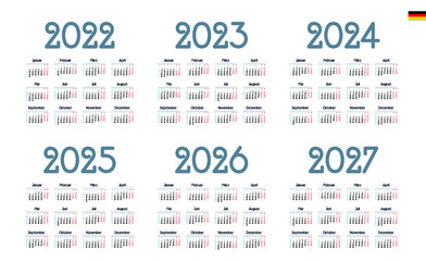 German Calendar for 2022, 2023, 2024, 2025, 2026, 2027. Week starts on Monday