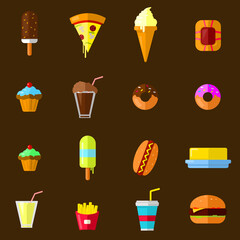 Junk Fast Food Vector Icon Set Collection Flat Color illustration 