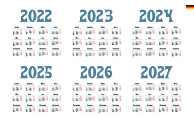 German Calendar for 2022, 2023, 2024, 2025, 2026, 2027. Week starts on Monday