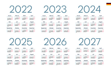 German Calendar for 2022, 2023, 2024, 2025, 2026, 2027. Week starts on Monday