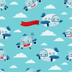 Seamless pattern with a funny airplane in the sky. Light blue background. The clouds. A waving flag. Vector illustration
