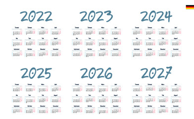 German Calendar for 2022, 2023, 2024, 2025, 2026, 2027. Week starts on Monday