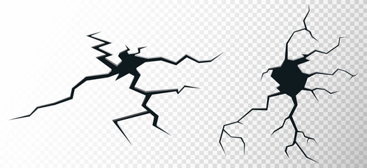 Ground cracks set on transparent background. Earthquake crack the rift on surface. Ruined cracked texture. Ground split after disaster. Aging or dried ground effects. Vector illustration