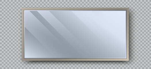 Realistic rectangle mirror with reflection on glass. Geometrical mirror with rectangle frame shape. Reflecting glass surface. 3d template design for decor interior. Vector illustration