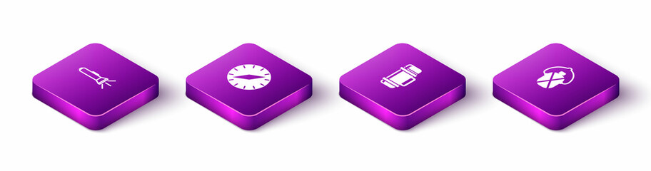Set Isometric Flashlight, Compass, Thermos container and Canteen water bottle icon. Vector