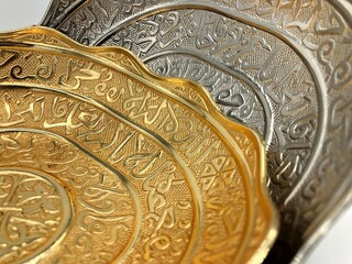 Turkish bath bowl copper and nickel, colorful and vintage embroided bowls and plates.