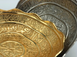 Turkish bath bowl copper and nickel, colorful and vintage embroided bowls and plates.