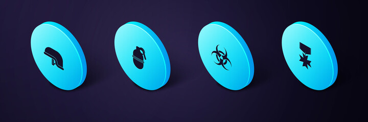Set Isometric Military reward medal, Biohazard symbol, Hand grenade and helmet icon. Vector