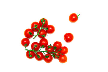 Cherry tomatoes with water drops on a branch.