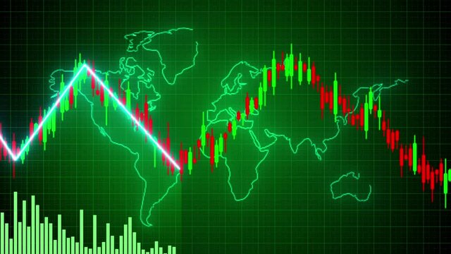 Motion of red green candle stick graph chart of stock market trading with animated world map background, Bullish Bearish stock point. Economy trends charts for business. Financial investment concept.