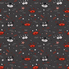 Seamless pattern with crabs on a gray background. Illustration in the kartun style . The concept of love. Design for clothing, fabric and other items.