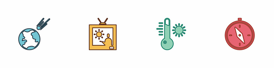 Set Comet falling down fast, Weather forecast, Meteorology thermometer and Compass icon. Vector