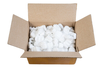 Closeup white polystyrene foam in parcel box. Polystyrene foam cushioning material for packaging, A...