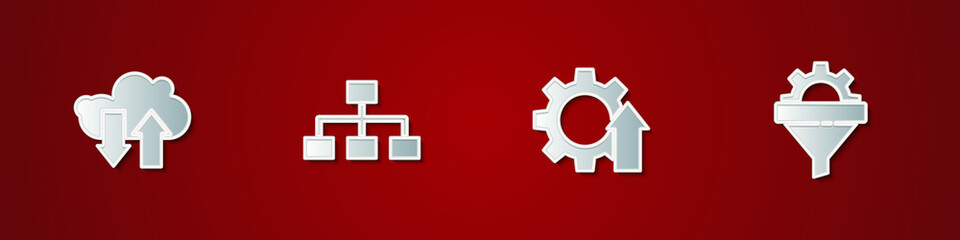 Set Cloud download and upload, Hierarchy organogram chart, Arrow growth gear and Sales funnel with icon. Vector