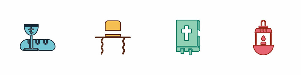 Set First communion symbols, Orthodox jewish hat with sidelocks, Holy bible book and Ramadan Kareem lantern icon. Vector